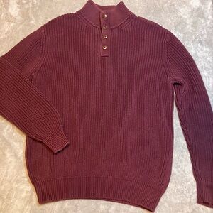 L.L. Bean Men Maroon 1/4 Button Ribbed Henley Pullover Knit Sweater Cotton Ragg